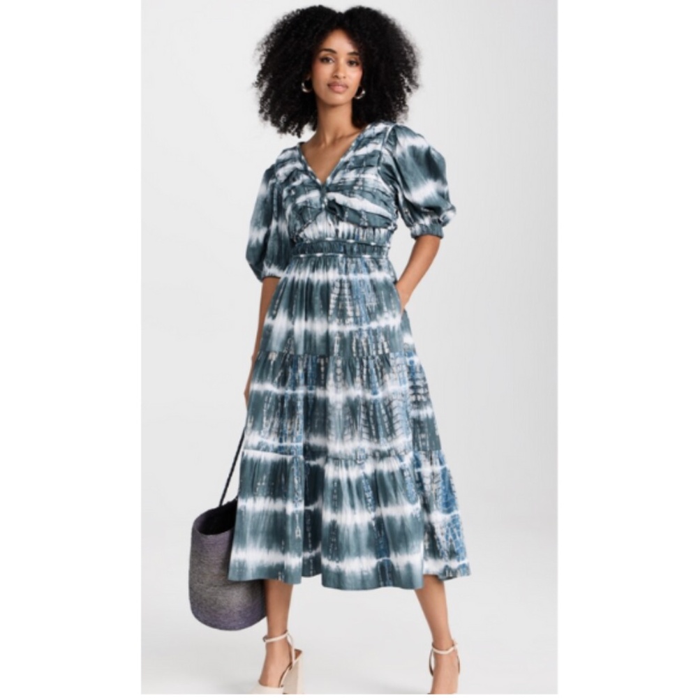 Sea New York Nadia Puff-Sleeve V-Neck Midi Dress